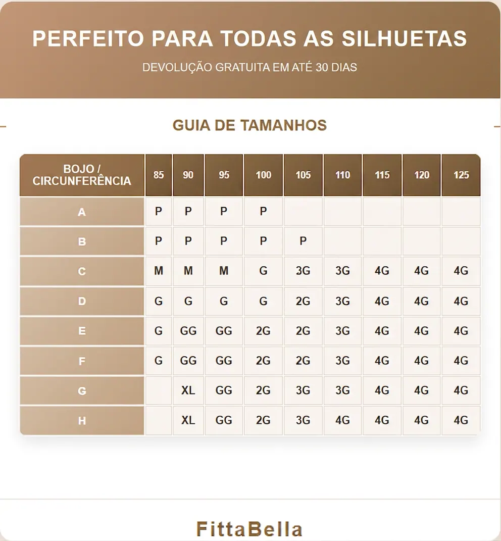 Guia de tamanhos do sutiã modelador