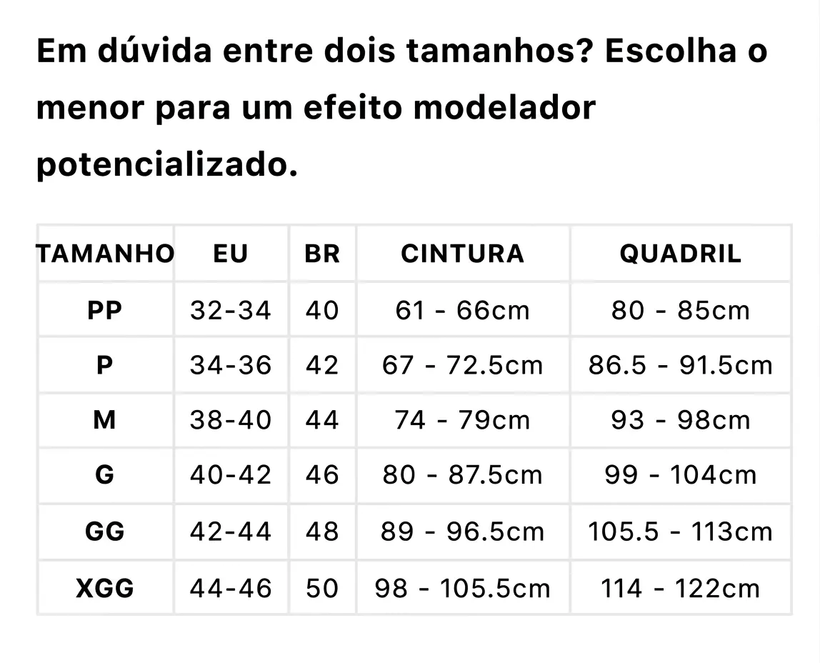 Guia de tamanhos da culotte modeladora